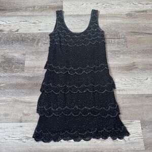 Vintage 90s Scala Black Beaded Flapper Dress Art Deco Gatsby Small